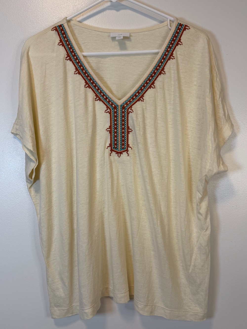J. Jill Linen Blend Cream Embroidered V-Neck Top Dolman Sleeves Large Petite - Picture 1 of 6